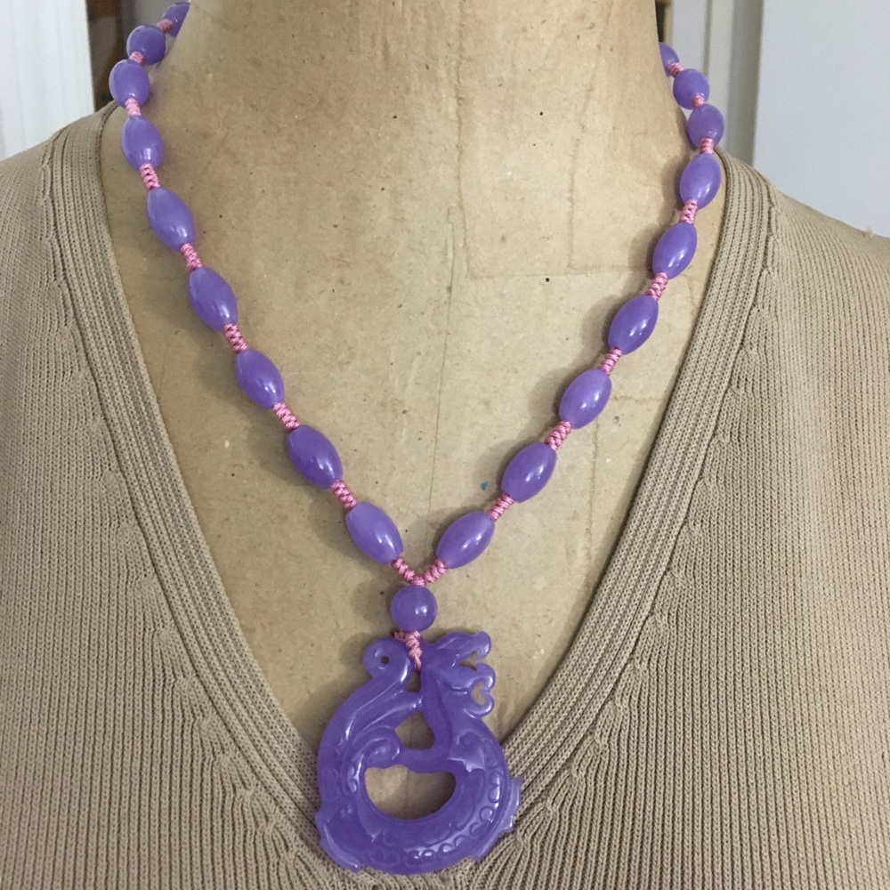 Carved Large Dragon Purple Jade Beaded Necklace